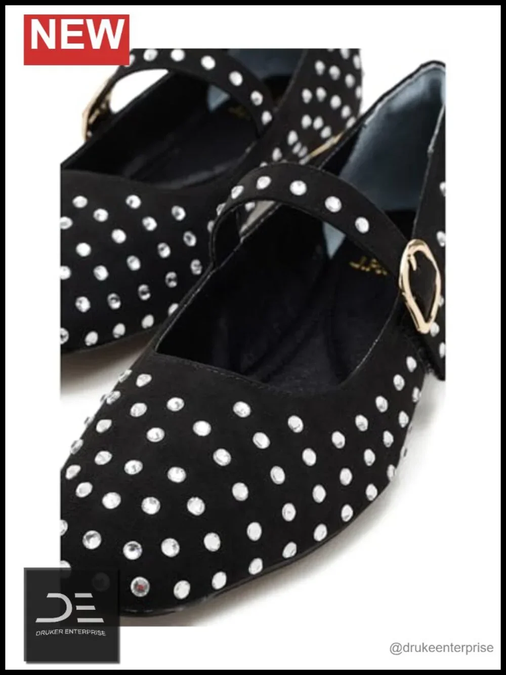 Faux Suede Rhinestone Mary Jane Flats Low Heel Hook & Loop Dress Shoes